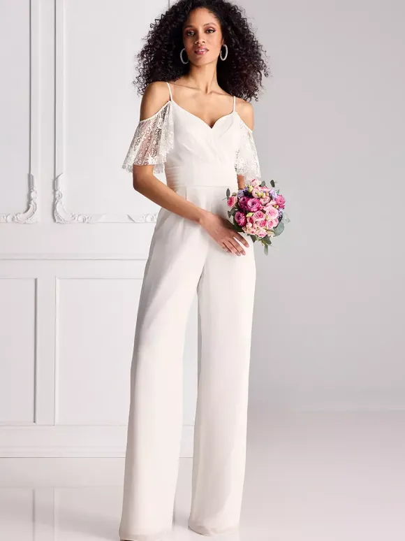 Bridal Jumpsuit Lace Pleated Floor-Length Jumpsuit Sweetheart Neck Half Sleeves Spaghetti Straps Natural Waist White