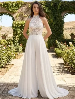 Bridal Jumpsuit 2 Piece Jewel Neck Sleeveless Halter Neck Civil Wedding Dress
