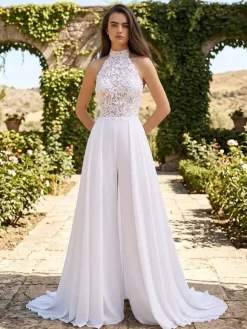 Bridal Jumpsuit 2 Piece Jewel Neck Sleeveless Halter Neck Civil Wedding Dress