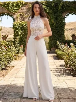 Bridal Jumpsuit 2 Piece Jewel Neck Sleeveless Halter Neck Civil Wedding Dress