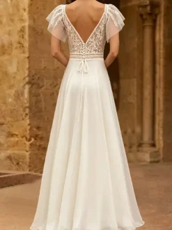 Bridal Jumpsuit 2 Piece Lace Chiffon Floor-Length Jumpsuit V-Neck Short Sleeves Natural Waist Ivory