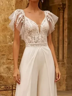 Bridal Jumpsuit 2 Piece Lace Chiffon Floor-Length Jumpsuit V-Neck Short Sleeves Natural Waist Ivory