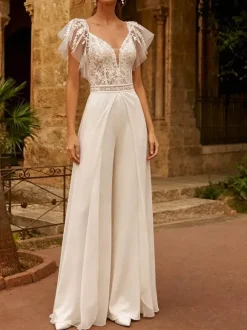 Bridal Jumpsuit 2 Piece Lace Chiffon Floor-Length Jumpsuit V-Neck Short Sleeves Natural Waist Ivory