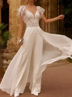 Bridal Jumpsuit 2 Piece Lace Chiffon Floor-Length Jumpsuit V-Neck Short Sleeves Natural Waist Ivory