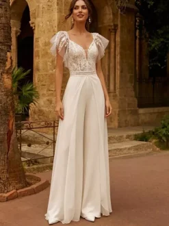 Bridal Jumpsuit 2 Piece Lace Chiffon Floor-Length Jumpsuit V-Neck Short Sleeves Natural Waist Ivory