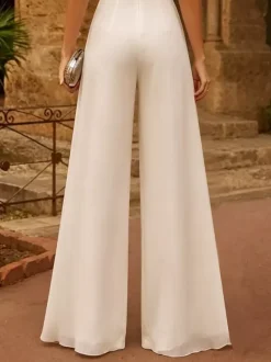 Bridal Jumpsuit 2 Piece Lace Chiffon Floor-Length Jumpsuit V-Neck Short Sleeves Natural Waist Ivory