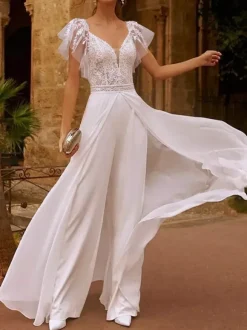 Bridal Jumpsuit 2 Piece Lace Chiffon Floor-Length Jumpsuit V-Neck Short Sleeves Natural Waist Ivory