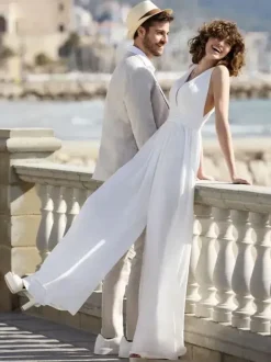 Bridal Jumpsuit Polyester Floor-Length Jumpsuit V-Neck Sleeveless Natural Waist Ivory