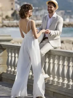 Bridal Jumpsuit Polyester Floor-Length Jumpsuit V-Neck Sleeveless Natural Waist Ivory