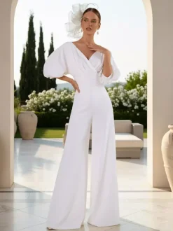 Bridal Jumpsuit Polyester Pleated Floor-Length Jumpsuit V-Neck Half Sleeves Natural Waist Ivory