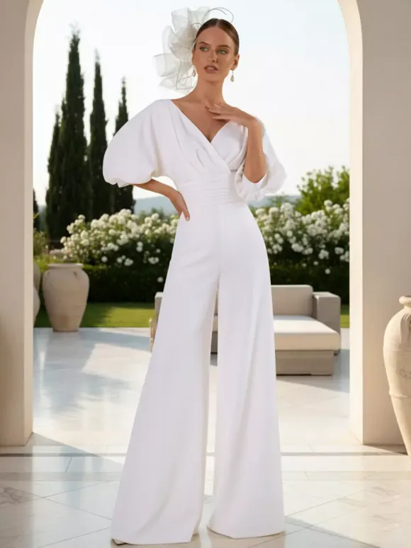 Bridal Jumpsuit Polyester Pleated Floor-Length Jumpsuit V-Neck Half Sleeves Natural Waist Ivory