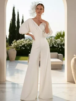 Bridal Jumpsuit Polyester Pleated Floor-Length Jumpsuit V-Neck Half Sleeves Natural Waist Ivory