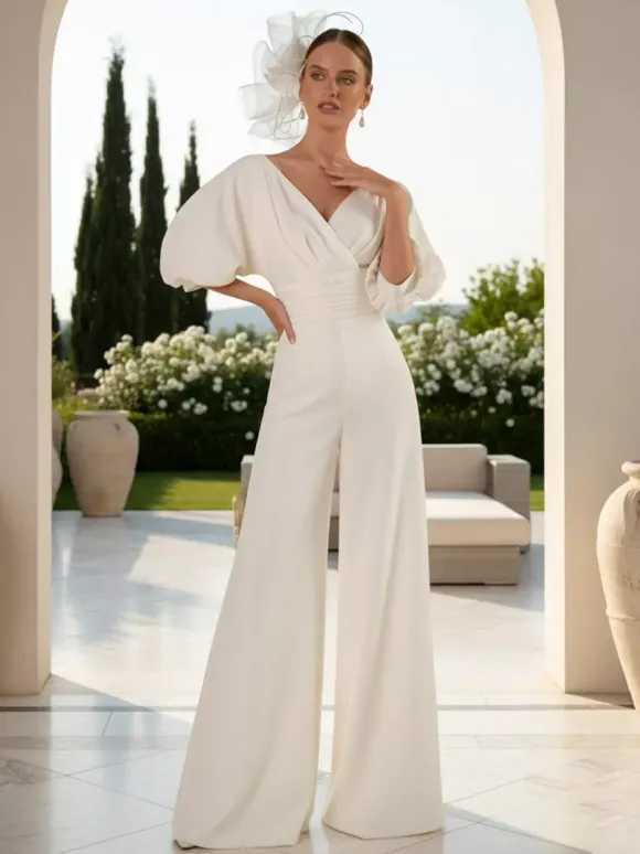 Bridal Jumpsuit Polyester Pleated Floor-Length Jumpsuit V-Neck Half Sleeves Natural Waist Ivory