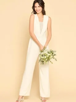 Bridal Jumpsuit Satin Fabric Lace Floor-Length Jumpsuit Jewel Neck Sleeveless Natural Waist Ivory
