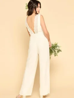 Bridal Jumpsuit Satin Fabric Lace Floor-Length Jumpsuit Jewel Neck Sleeveless Natural Waist Ivory