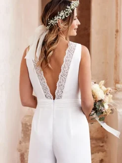 Bridal Jumpsuit Satin Fabric Lace Floor-Length Jumpsuit Jewel Neck Sleeveless Natural Waist Ivory