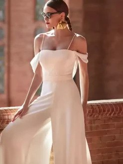 Bridal Jumpsuit Satin Fabric Applique Floor-Length Jumpsuit Square Neck Sleeveless Spaghetti Straps Natural Waist Ivory