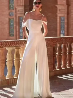 Bridal Jumpsuit Satin Fabric Applique Floor-Length Jumpsuit Square Neck Sleeveless Spaghetti Straps Natural Waist Ivory