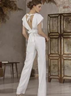 Bridal Jumpsuit Satin Fabric Pleated Floor-Length Jumpsuit V-Neck Short Sleeves Natural Waist Ivory