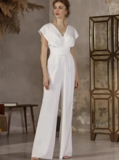 Bridal Jumpsuit Satin Fabric Pleated Floor-Length Jumpsuit V-Neck Short Sleeves Natural Waist Ivory