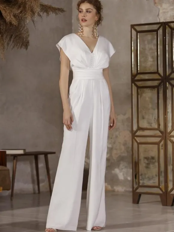 Bridal Jumpsuit Satin Fabric Pleated Floor-Length Jumpsuit V-Neck Short Sleeves Natural Waist Ivory