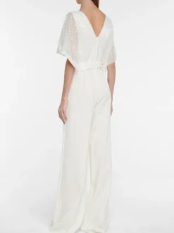 Bridal Jumpsuit Sequined Floor-Length Jumpsuit V-Neck Short Sleeves Natural Waist Ivory