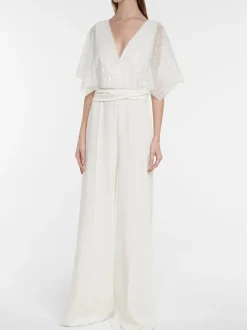 Bridal Jumpsuit Sequined Floor-Length Jumpsuit V-Neck Short Sleeves Natural Waist Ivory