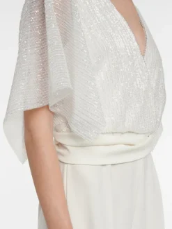 Bridal Jumpsuit Sequined Floor-Length Jumpsuit V-Neck Short Sleeves Natural Waist Ivory
