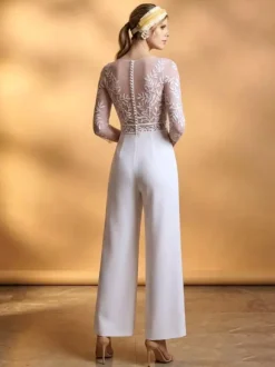 Bridal Jumpsuit Stretch Crepe Lace Ankle-Length Jumpsuit V-Neck 3/4 Length Sleeves Natural Waist Ivory