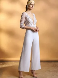 Bridal Jumpsuit Stretch Crepe Lace Ankle-Length Jumpsuit V-Neck 3/4 Length Sleeves Natural Waist Ivory