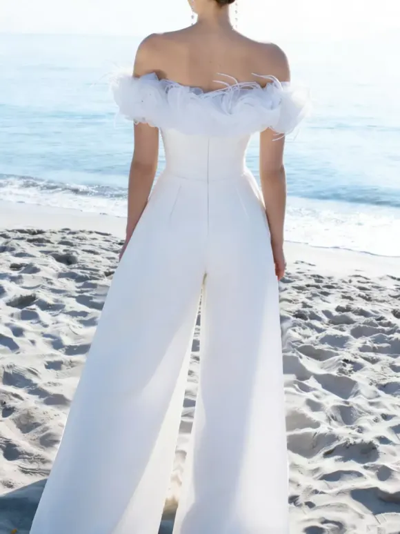 Bridal Jumpsuit Stretch Crepe Flowers Floor-Length Jumpsuit Bateau Neck Short Sleeves Natural Waist White
