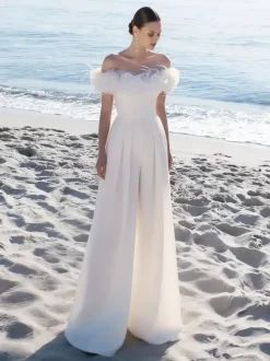 Bridal Jumpsuit Stretch Crepe Flowers Floor-Length Jumpsuit Bateau Neck Short Sleeves Natural Waist White