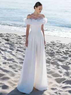 Bridal Jumpsuit Stretch Crepe Flowers Floor-Length Jumpsuit Bateau Neck Short Sleeves Natural Waist White