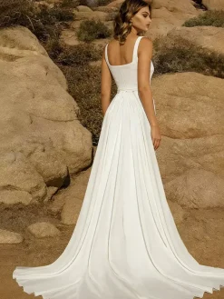 Bridal Jumpsuit Stretch Crepe With Train Jumpsuit Square Neck Sleeveless Natural Waist Ivory