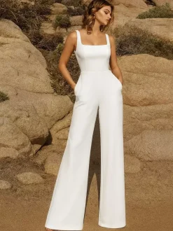 Bridal Jumpsuit Stretch Crepe With Train Jumpsuit Square Neck Sleeveless Natural Waist Ivory