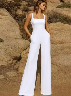 Bridal Jumpsuit Stretch Crepe With Train Jumpsuit Square Neck Sleeveless Natural Waist Ivory