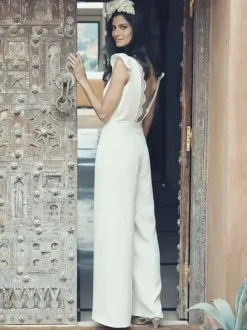 Bridal Jumpsuit Stretch Crepe Lace Floor-Length Jumpsuit V-Neck Short Sleeves Natural Waist Ivory