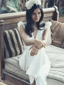 Bridal Jumpsuit Stretch Crepe Lace Floor-Length Jumpsuit V-Neck Short Sleeves Natural Waist Ivory