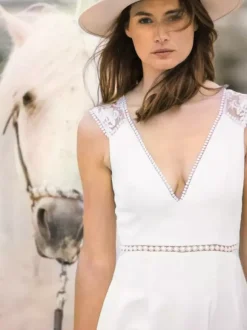 Bridal Jumpsuit Stretch Crepe Lace Floor-Length Jumpsuit V-Neck Sleeveless Natural Waist Ivory