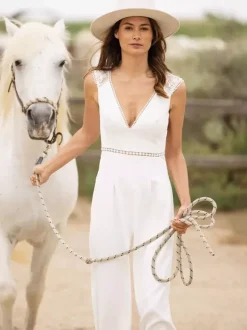 Bridal Jumpsuit Stretch Crepe Lace Floor-Length Jumpsuit V-Neck Sleeveless Natural Waist Ivory