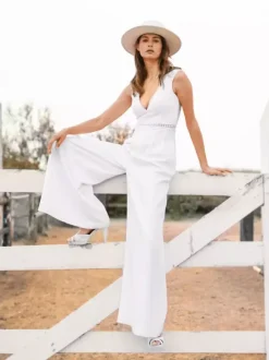 Bridal Jumpsuit Stretch Crepe Lace Floor-Length Jumpsuit V-Neck Sleeveless Natural Waist Ivory