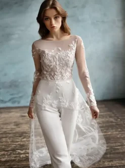 Bridal Jumpsuit Stretch Crepe Applique Ankle-Length Jumpsuit Jewel Neck Long Sleeves Natural Waist Ivory