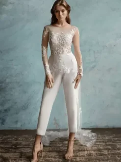 Bridal Jumpsuit Stretch Crepe Applique Ankle-Length Jumpsuit Jewel Neck Long Sleeves Natural Waist Ivory