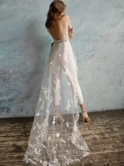 Bridal Jumpsuit Stretch Crepe Applique Ankle-Length Jumpsuit Jewel Neck Long Sleeves Natural Waist Ivory