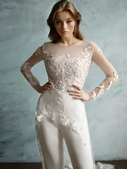 Bridal Jumpsuit Stretch Crepe Applique Ankle-Length Jumpsuit Jewel Neck Long Sleeves Natural Waist Ivory