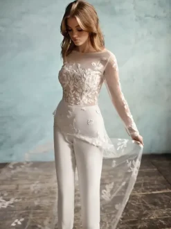 Bridal Jumpsuit Stretch Crepe Applique Ankle-Length Jumpsuit Jewel Neck Long Sleeves Natural Waist Ivory