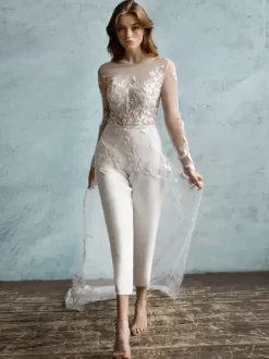Bridal Jumpsuit Stretch Crepe Applique Ankle-Length Jumpsuit Jewel Neck Long Sleeves Natural Waist Ivory