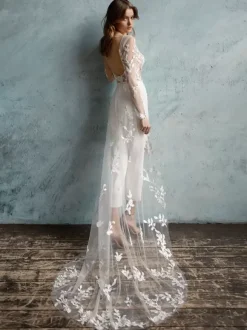 Bridal Jumpsuit Stretch Crepe Applique Ankle-Length Jumpsuit Jewel Neck Long Sleeves Natural Waist Ivory