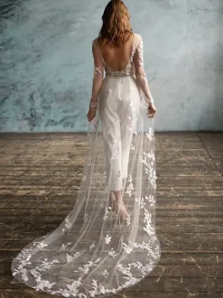 Bridal Jumpsuit Stretch Crepe Applique Ankle-Length Jumpsuit Jewel Neck Long Sleeves Natural Waist Ivory