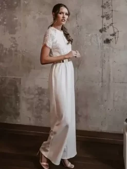 Bridal Jumpsuit Stretch Crepe Pleated Ankle-Length Jumpsuit Jewel Neck Short Sleeves Natural Waist Ivory